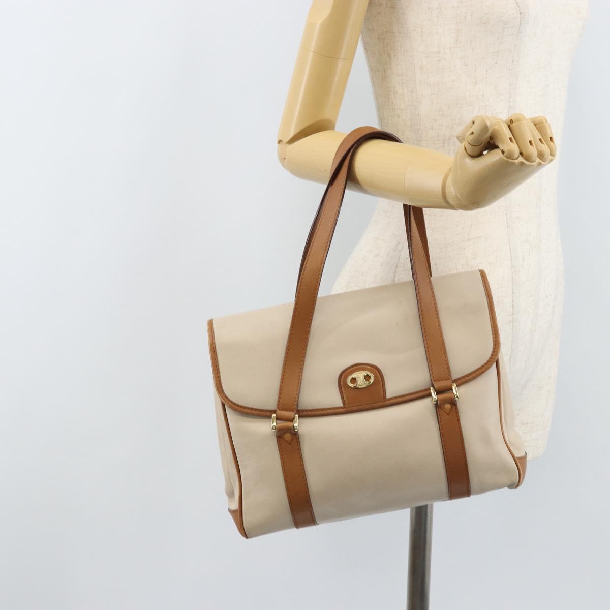CELINE Hand Bag Leather White Gold Auth 166779