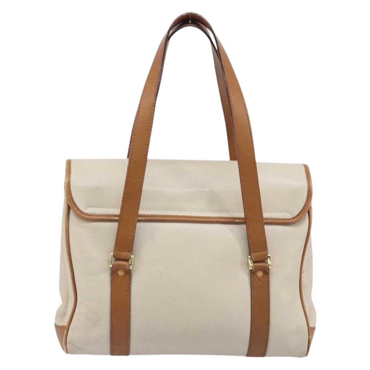 CELINE Hand Bag Leather White Gold Auth 166779