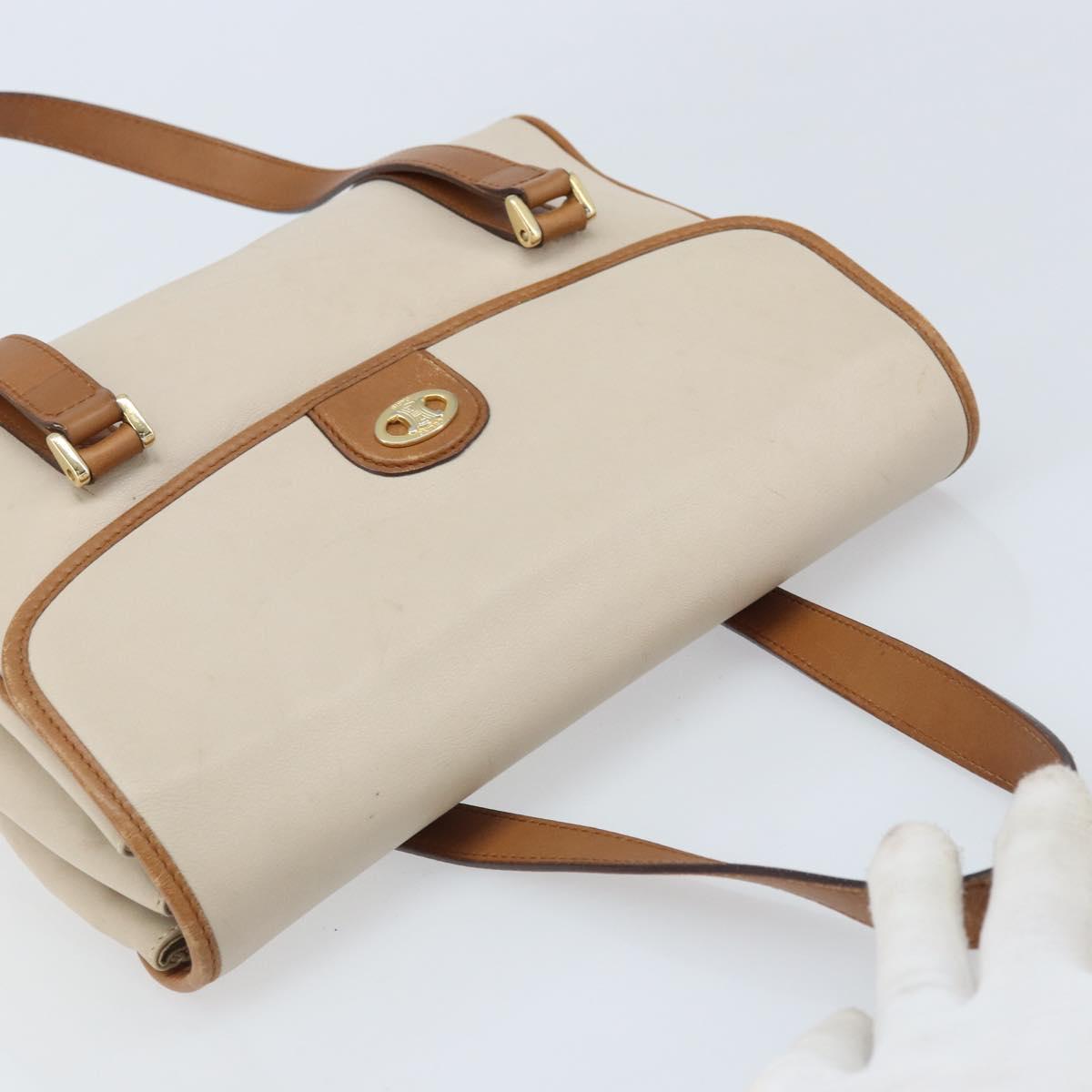CELINE Hand Bag Leather White Gold Auth 166779