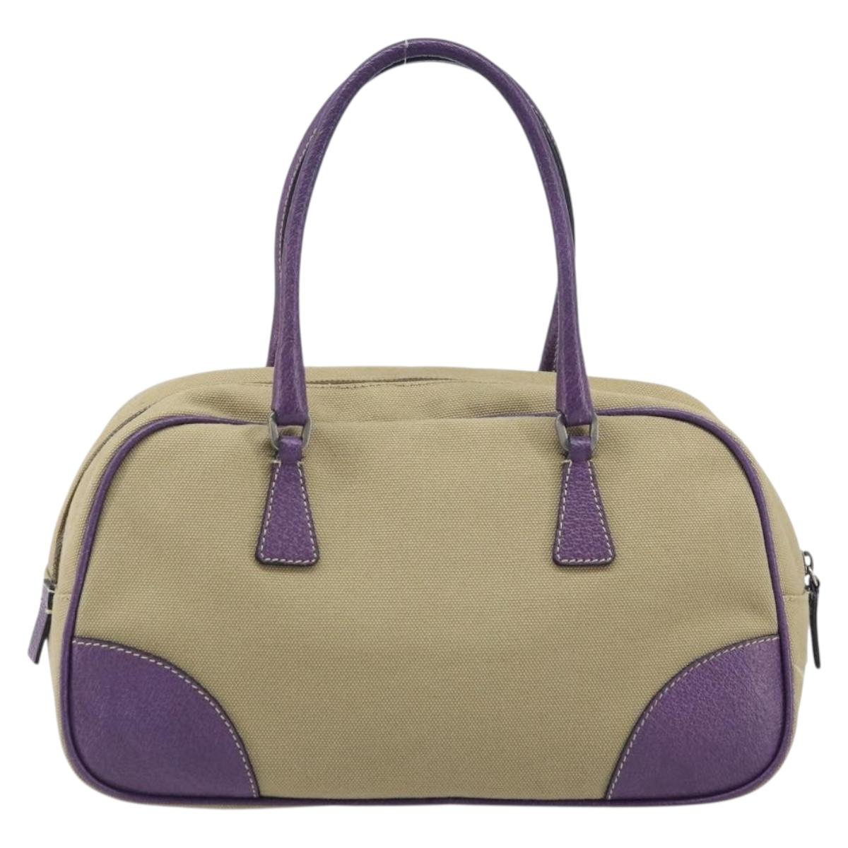 PRADA Hand Bag Canvas Beige Silver Auth 166793