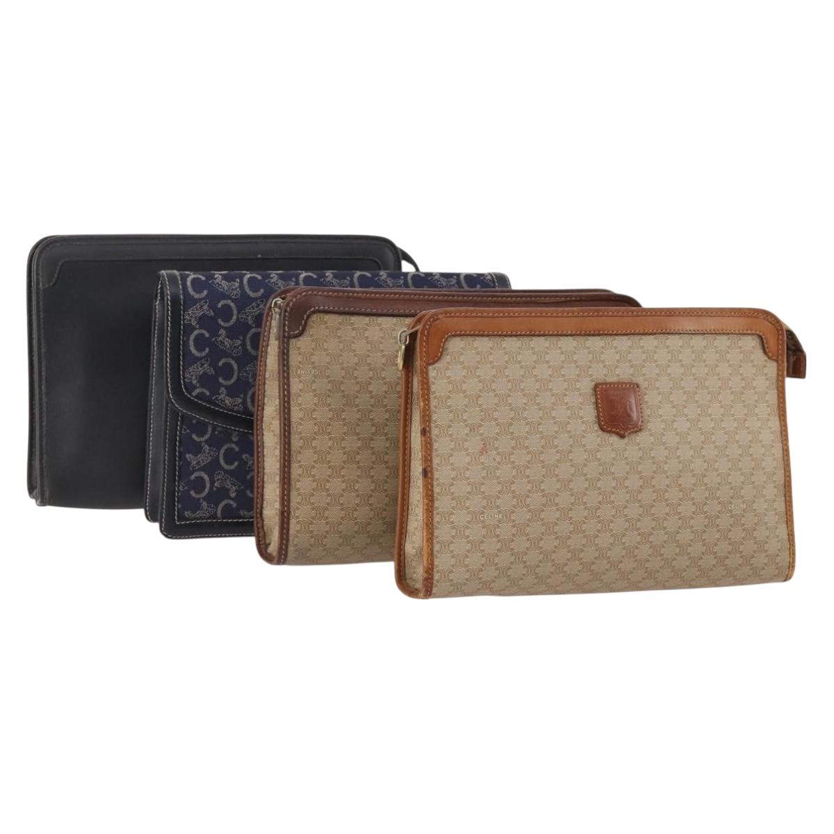 CELINE Macadam Canvas C Sulky Bag PVC Leather 4 Set Brown Beige Navy Auth 166797