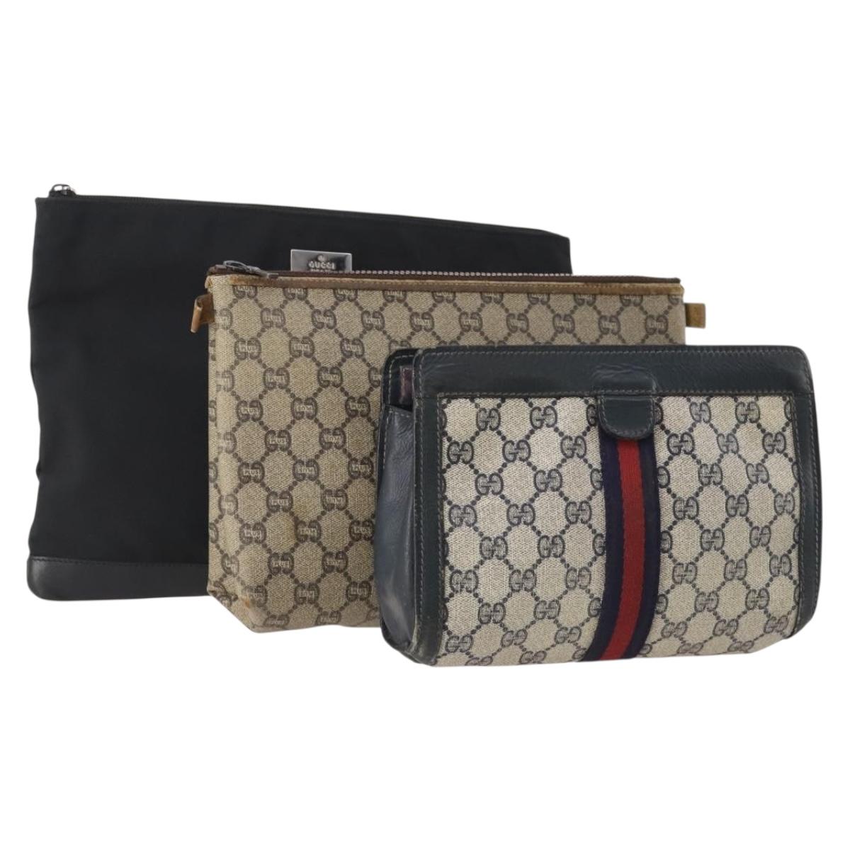 GUCCI GG Supreme Plus Sherry Line Clutch Bag PVC 3 Set Black Beige Auth 166799