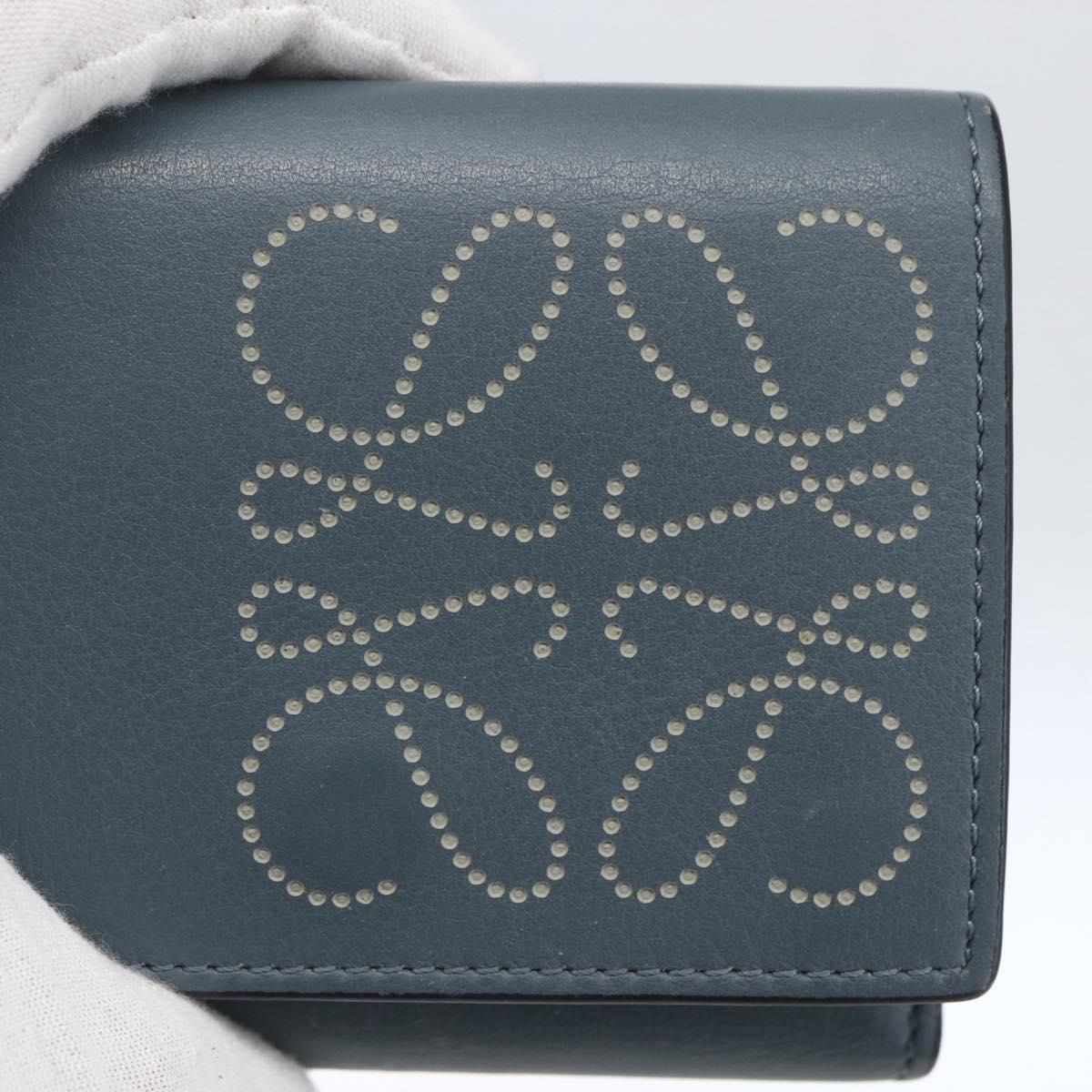 LOEWE Anagram Wallet Leather Blue Silver Auth 166820