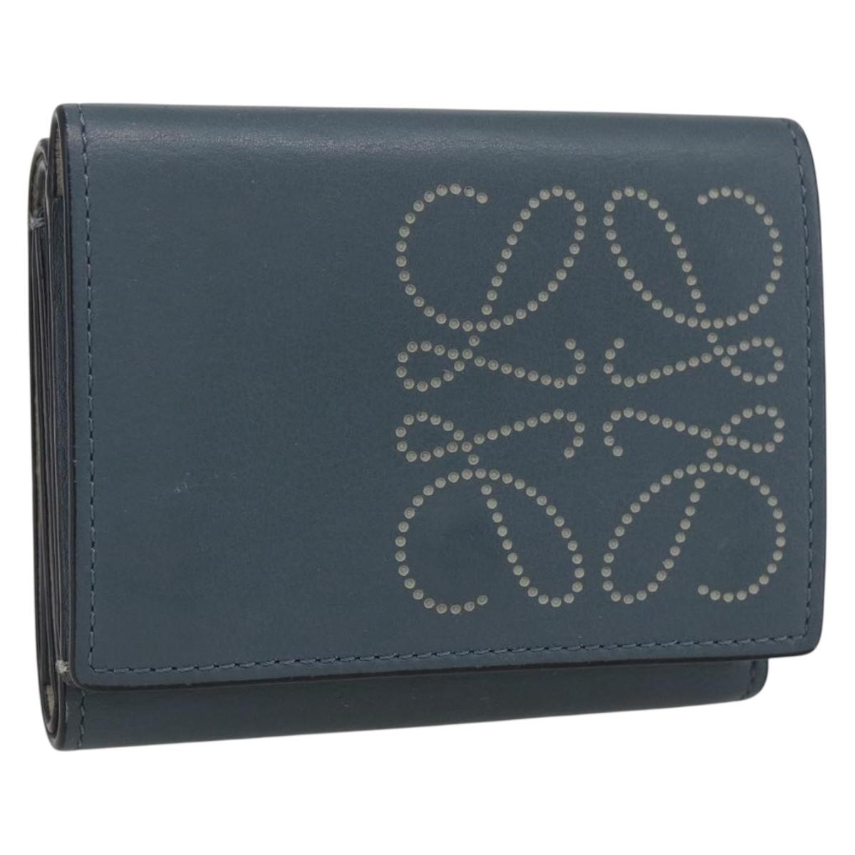 LOEWE Anagram Wallet Leather Blue Silver Auth 166820