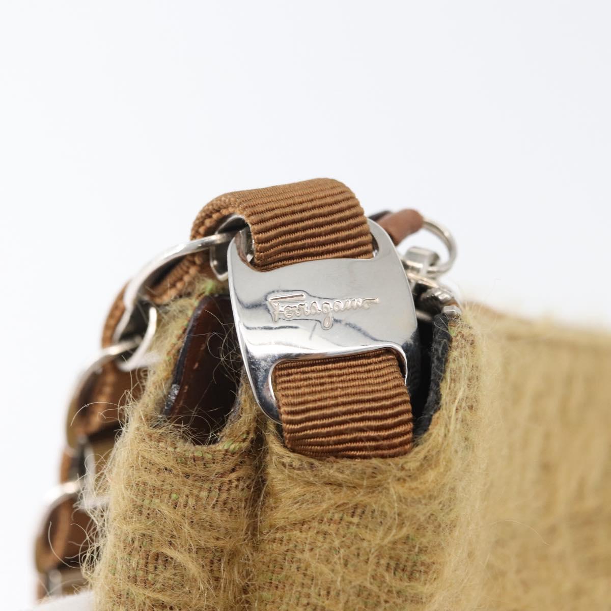Salvatore Ferragamo Shoulder Bag Silk Cotton Khaki Silver Auth 166824