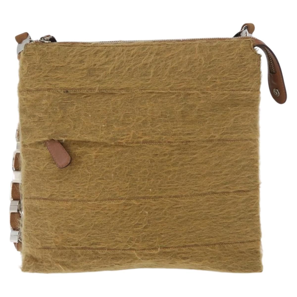 Salvatore Ferragamo Shoulder Bag Silk Cotton Khaki Silver Auth 166824