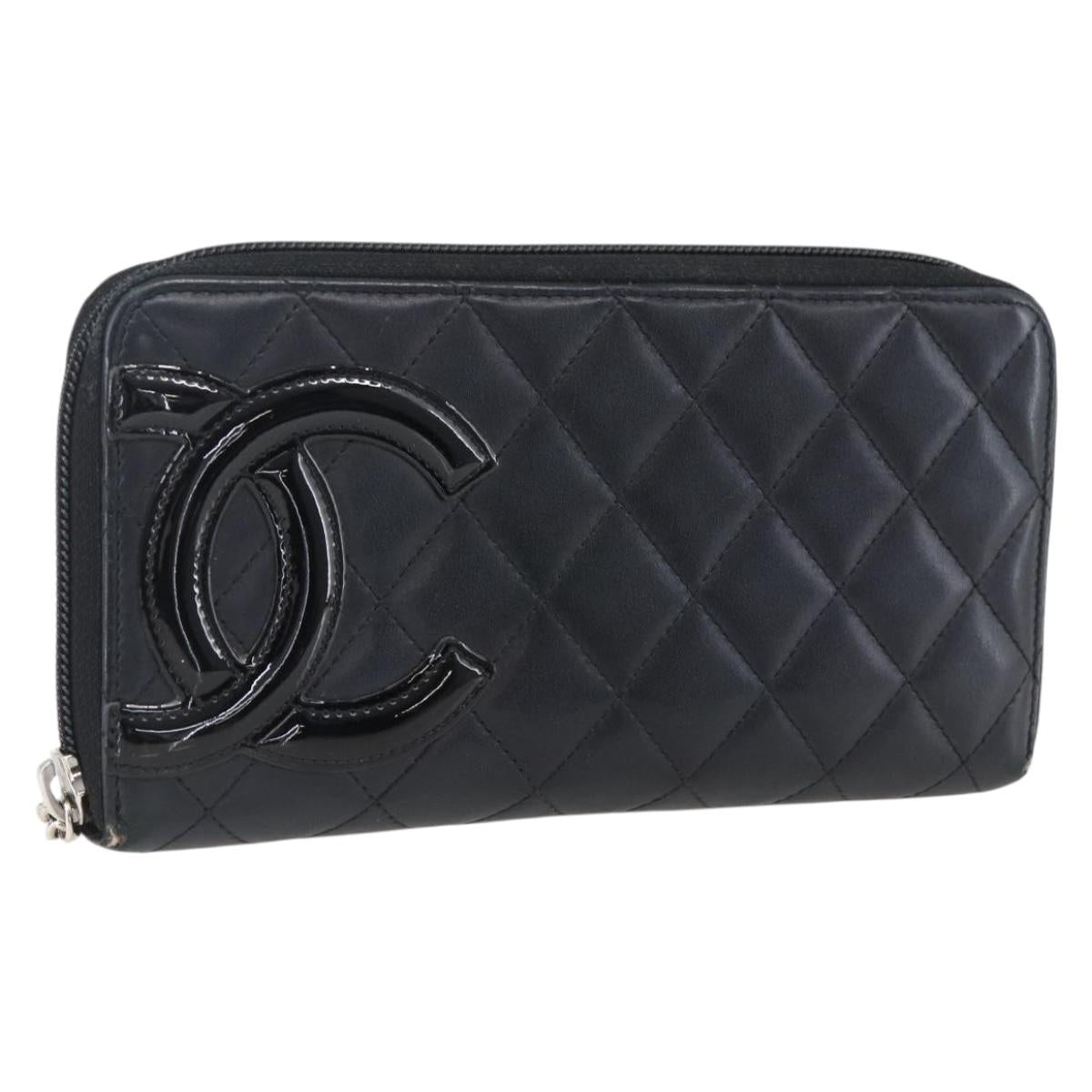 CHANEL Cambon Line Wallet Leather Black Silver CC Auth 166835