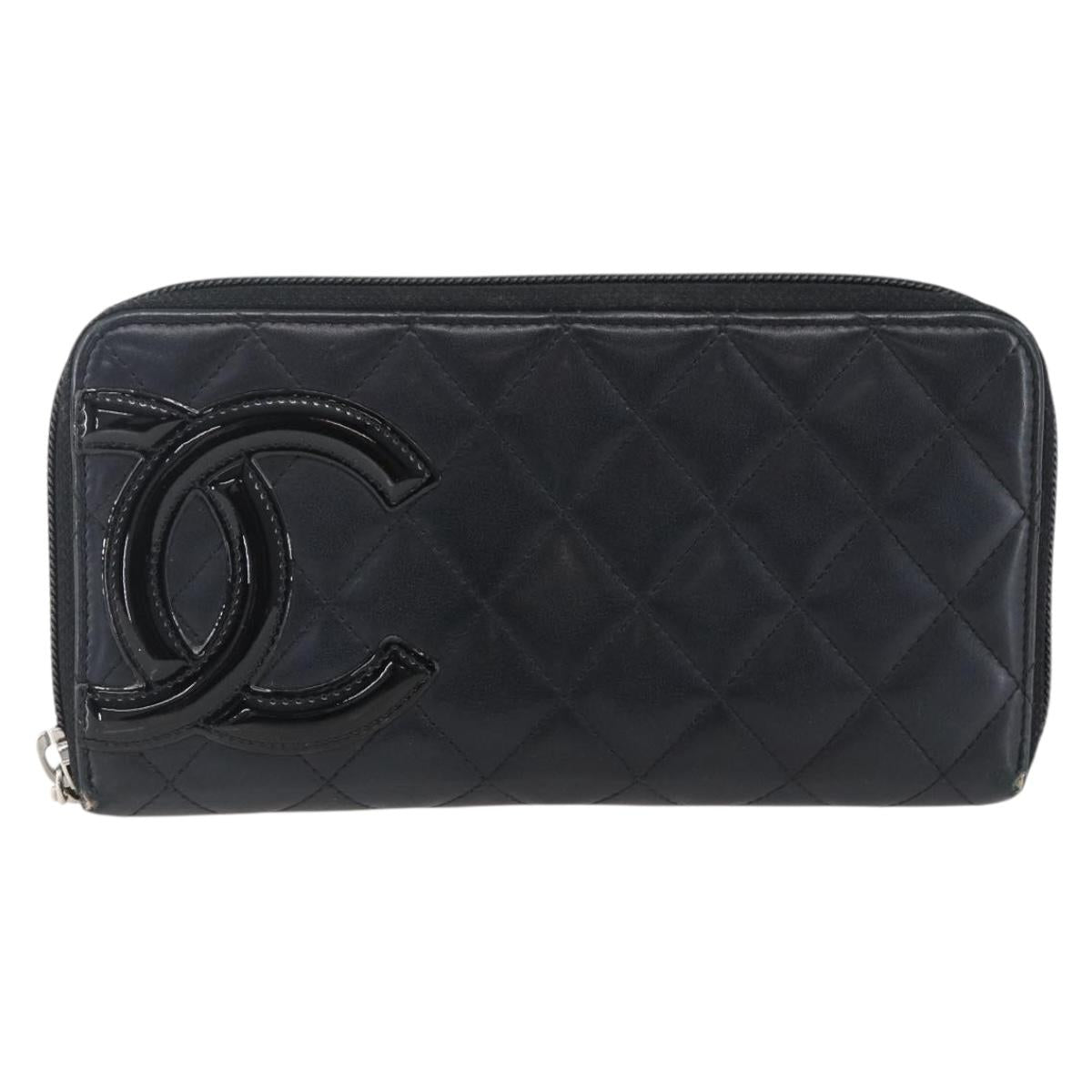 CHANEL Cambon Line Wallet Leather Black Silver CC Auth 166835