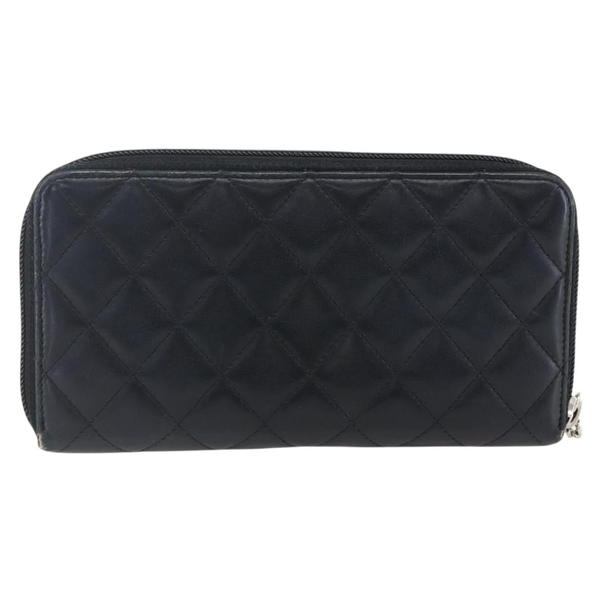 CHANEL Cambon Line Wallet Leather Black Silver CC Auth 166835