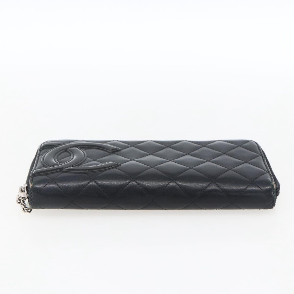 CHANEL Cambon Line Wallet Leather Black Silver CC Auth 166835