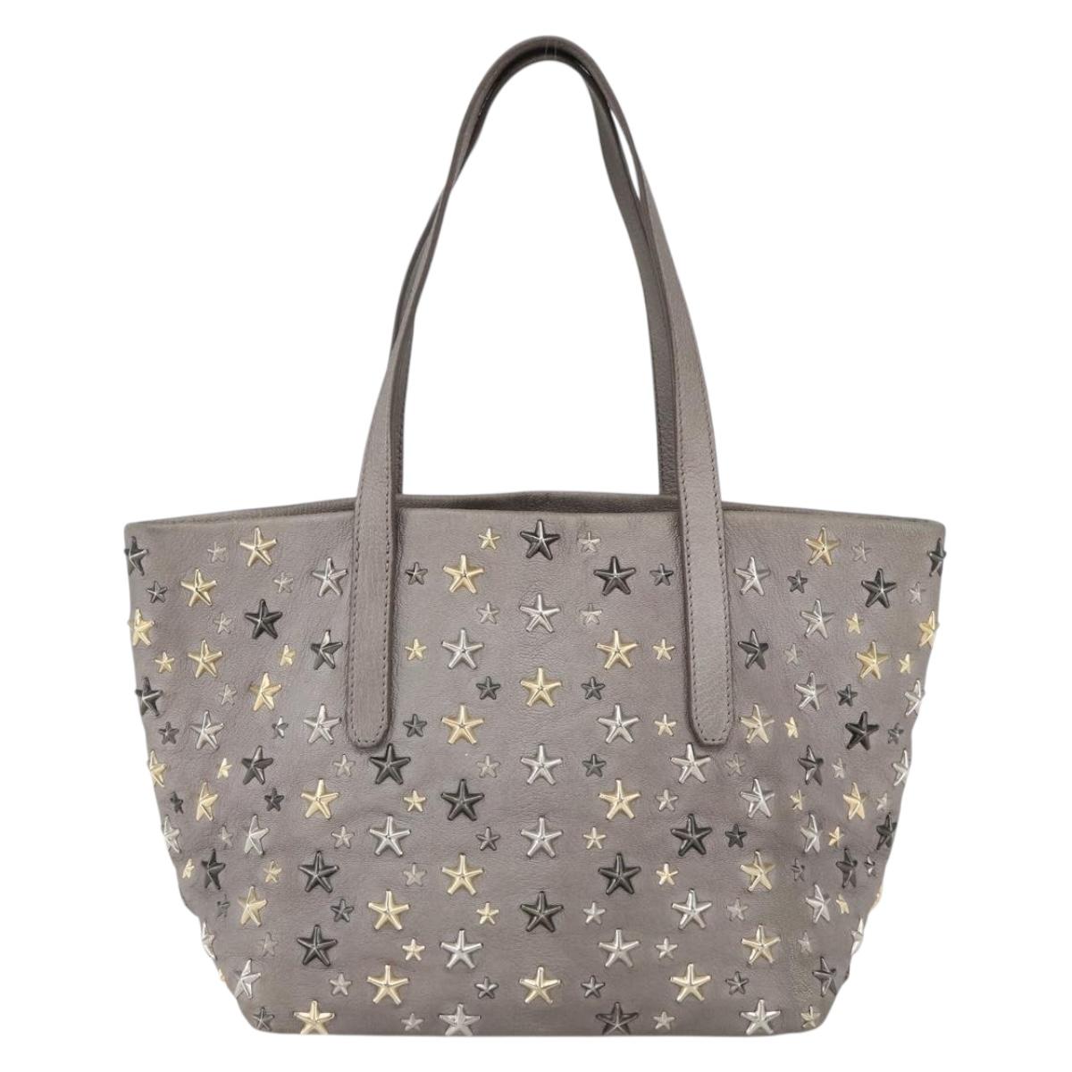 Jimmy Choo Star Studs Tote Bag Leather Gray Gold Auth 166869