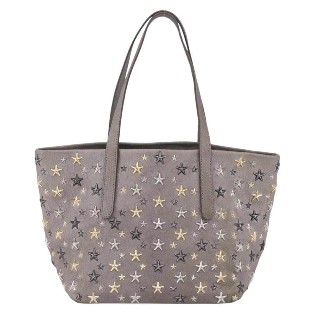 Jimmy Choo Star Studs Tote Bag Leather Gray Gold Auth 166869