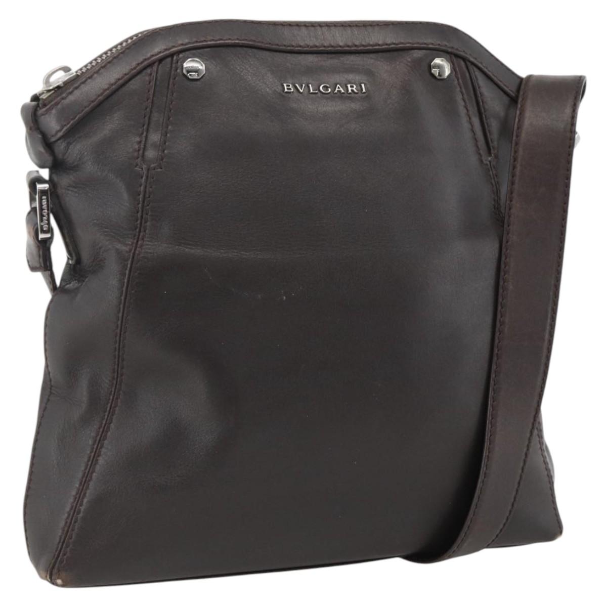 BVLGARI Shoulder Bag Leather Dark Brown Silver Auth 166883