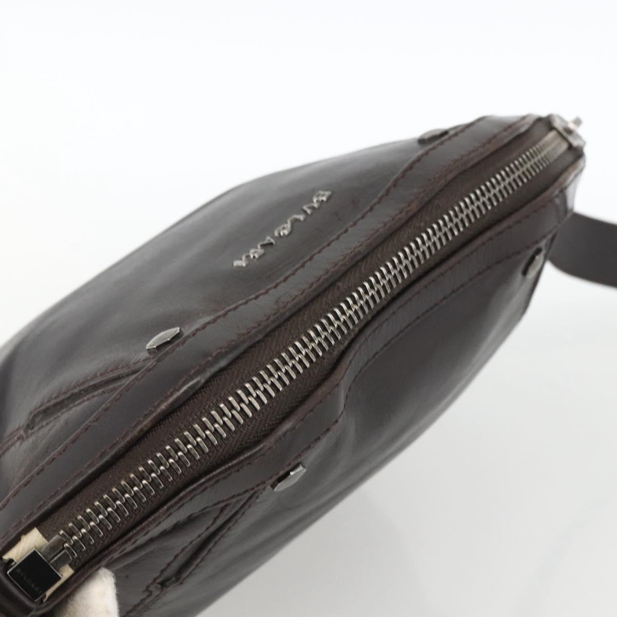 BVLGARI Shoulder Bag Leather Dark Brown Silver Auth 166883