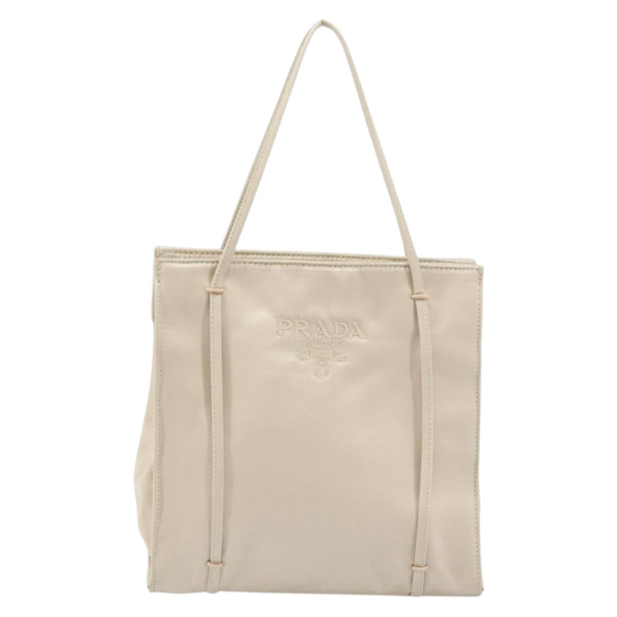 PRADA Hand Bag Satin Silver Metallic beige Auth 166888