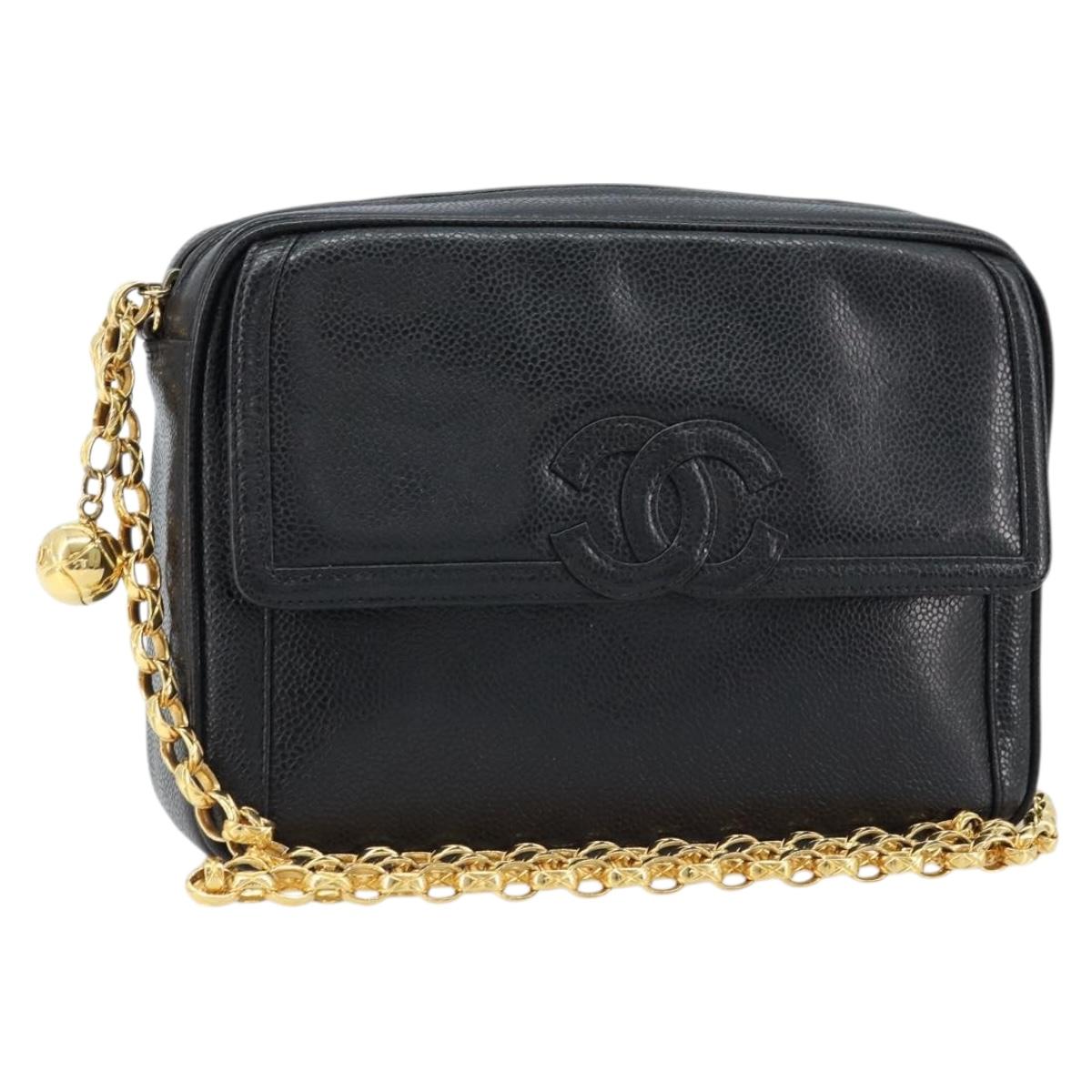CHANEL Chain Shoulder Bag Caviar Skin Black Gold CC Auth 166896SAV