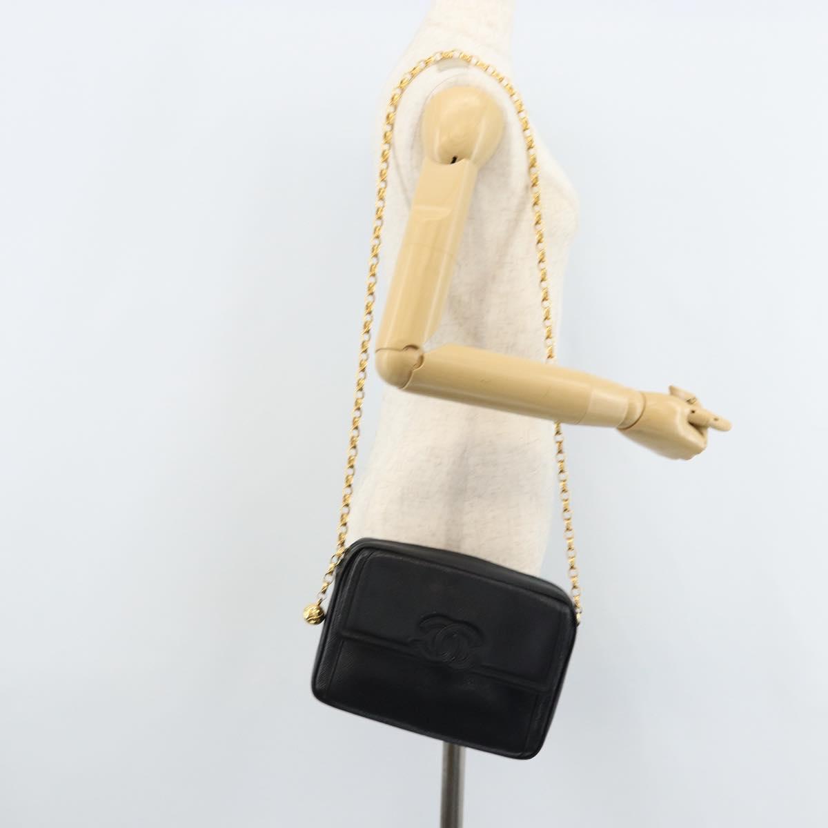 CHANEL Chain Shoulder Bag Caviar Skin Black Gold CC Auth 166896SAV