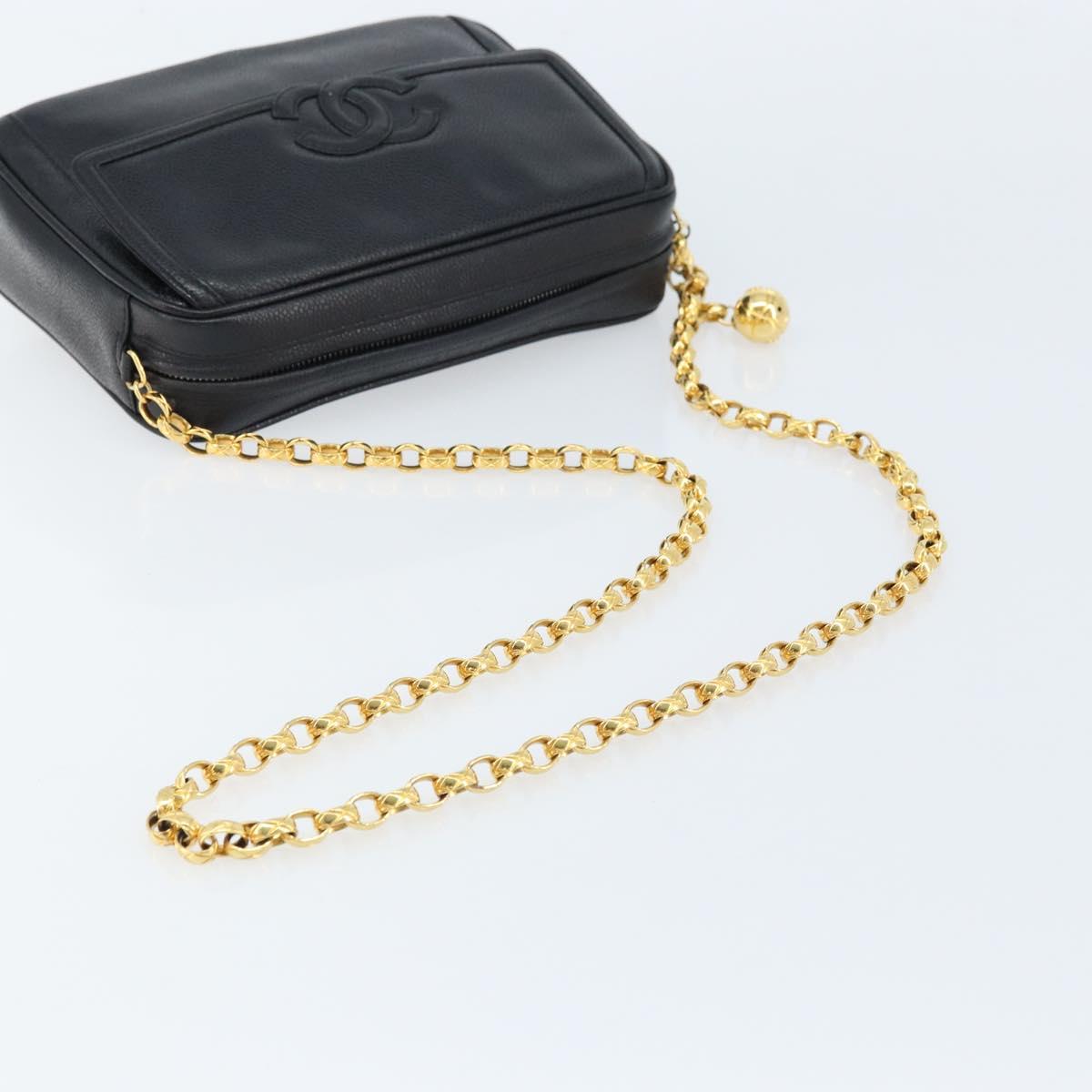 CHANEL Chain Shoulder Bag Caviar Skin Black Gold CC Auth 166896SAV