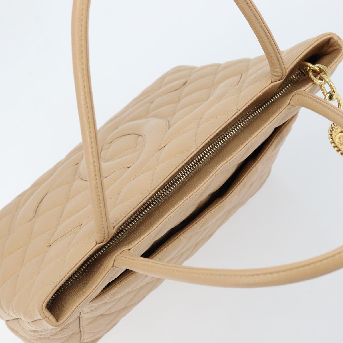 CHANEL Matelasse Reprint Tote Bag Caviar Skin Beige Gold CC Auth 166898SAV