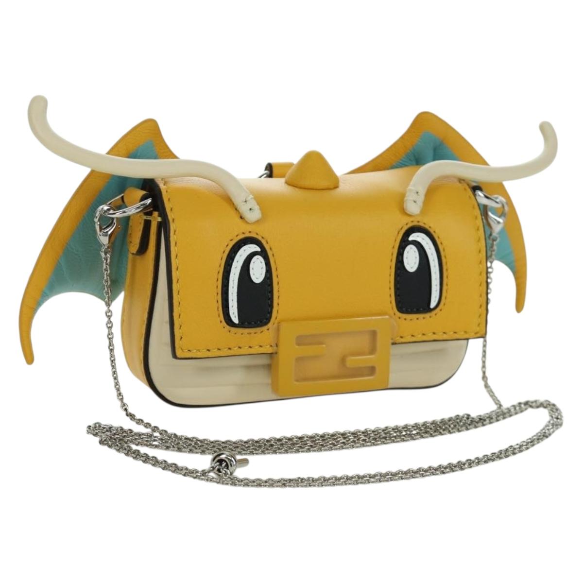 FENDI x FRGMT x POKテ窺ON Nano Bucket Dragon Bag Leather Yellow Auth 166961SM