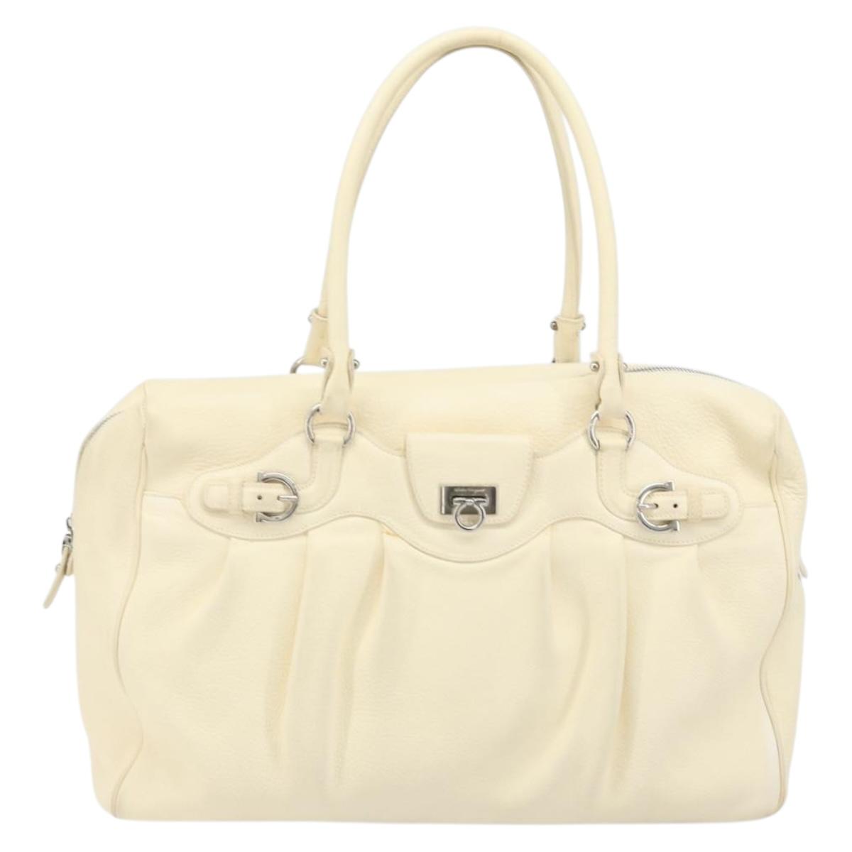 Salvatore Ferragamo Gancini Hand Bag Leather White Silver Auth 166988