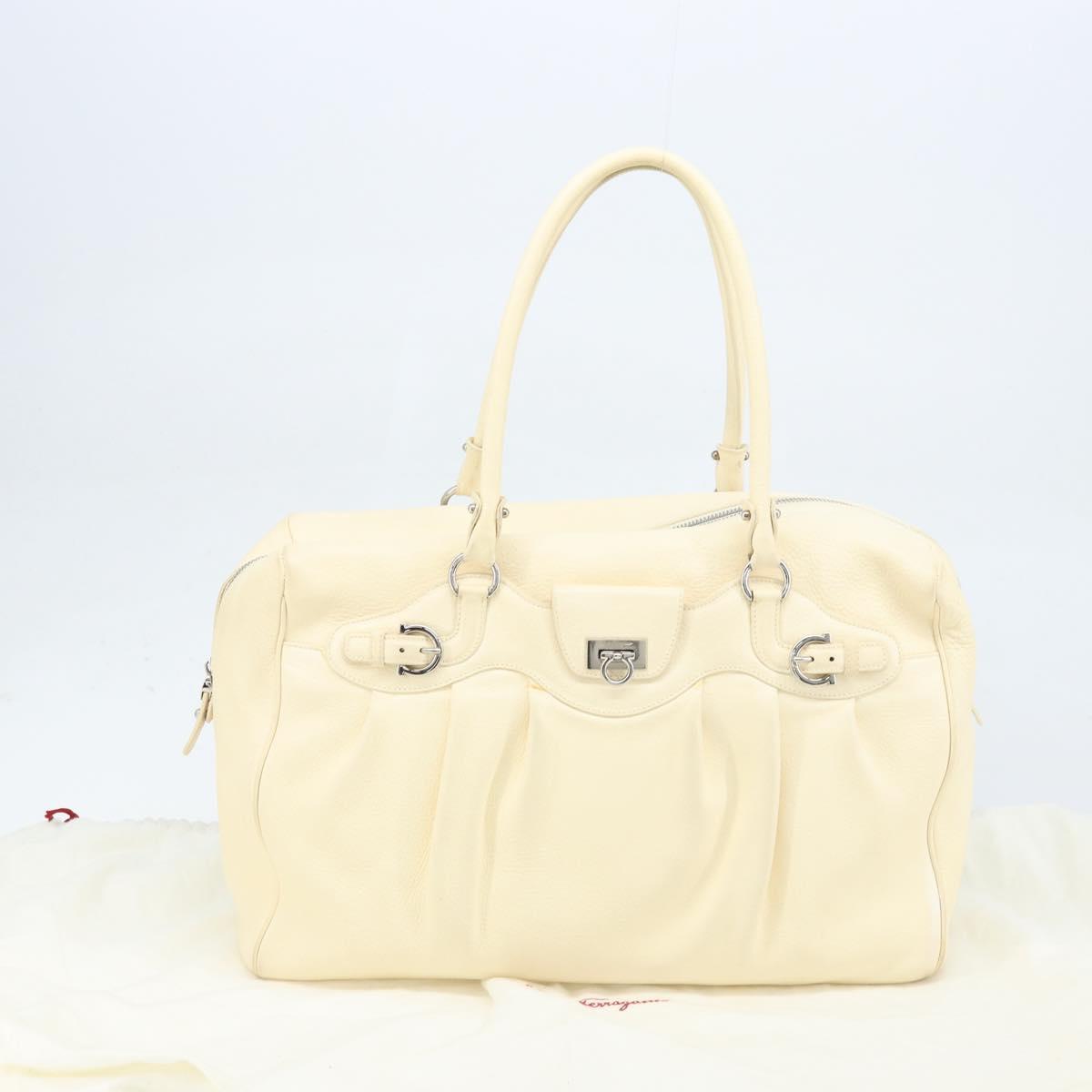 Salvatore Ferragamo Gancini Hand Bag Leather White Silver Auth 166988