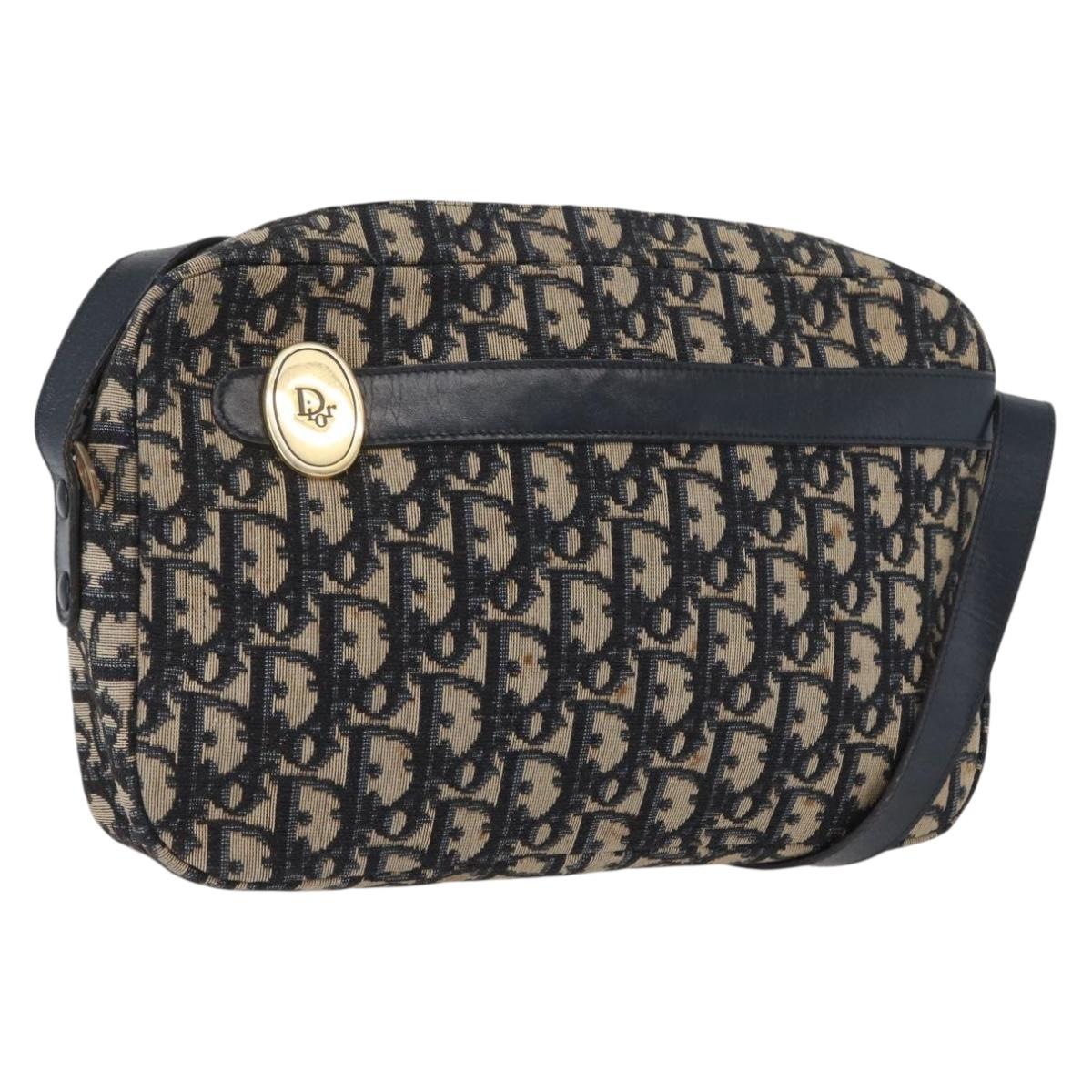 Christian Dior Trotter Canvas Shoulder Bag Navy Gold Auth 166990