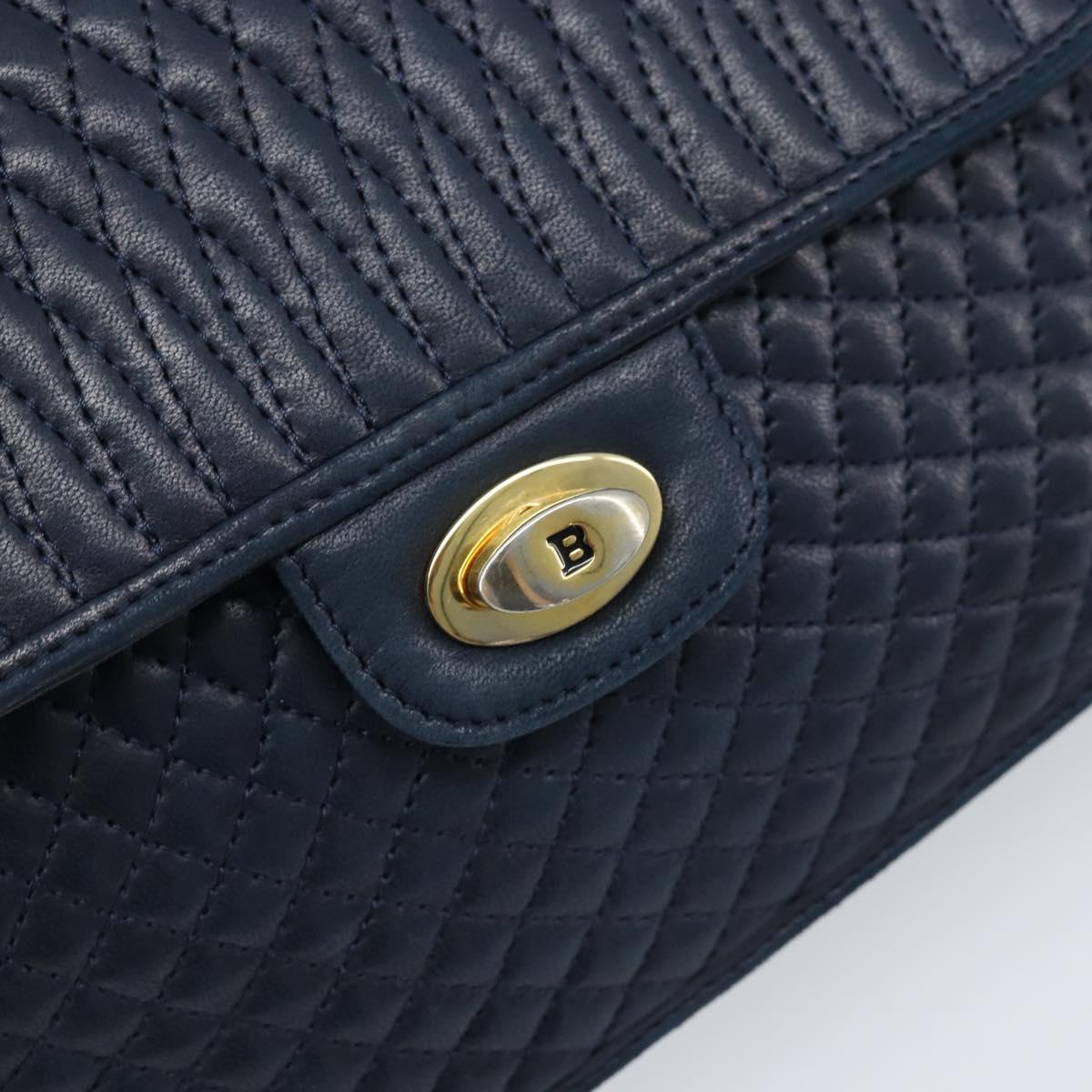 BALLY Hand Bag Leather Navy gold Auth 166993