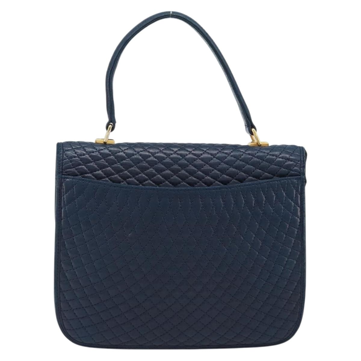 BALLY Hand Bag Leather Navy gold Auth 166993