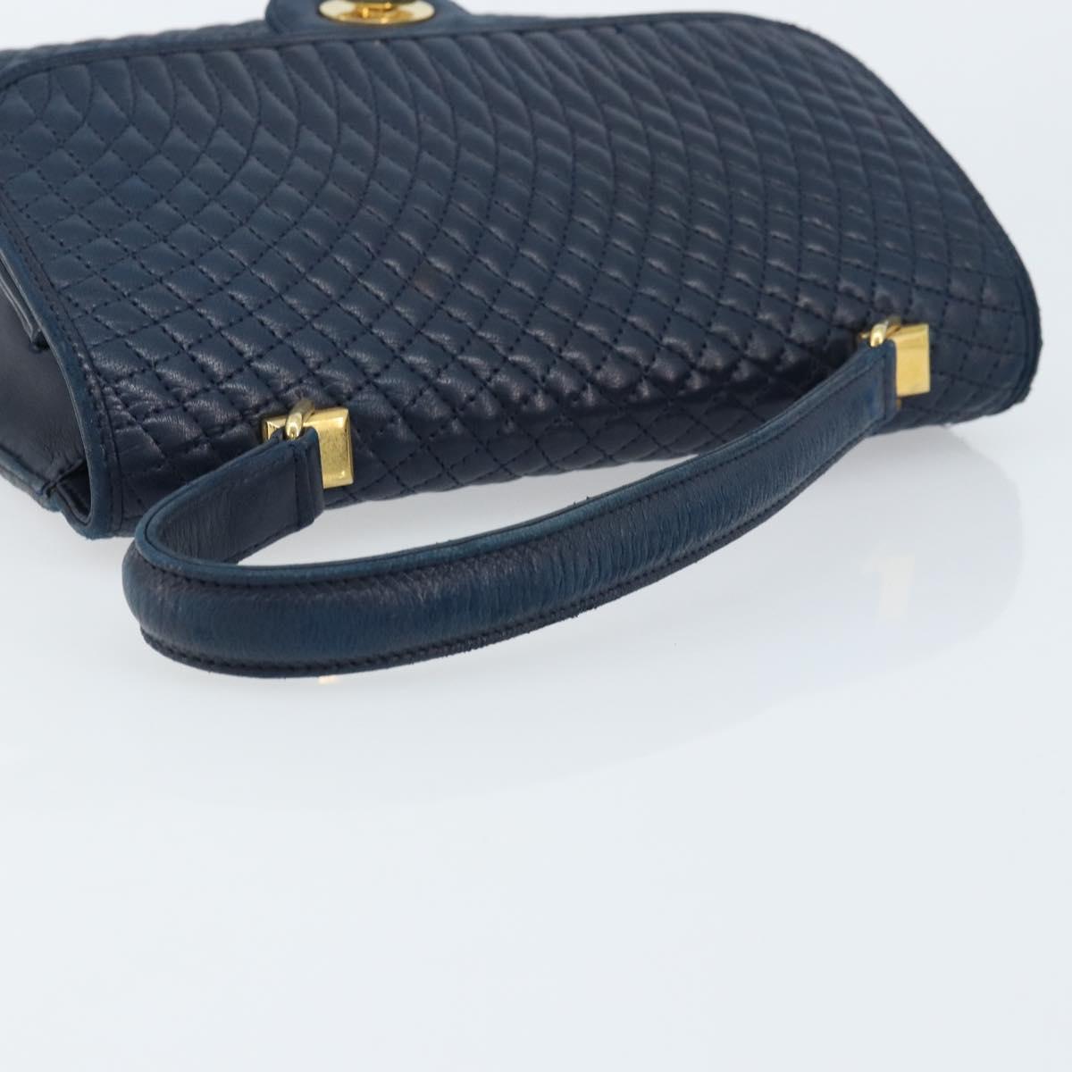 BALLY Hand Bag Leather Navy gold Auth 166993