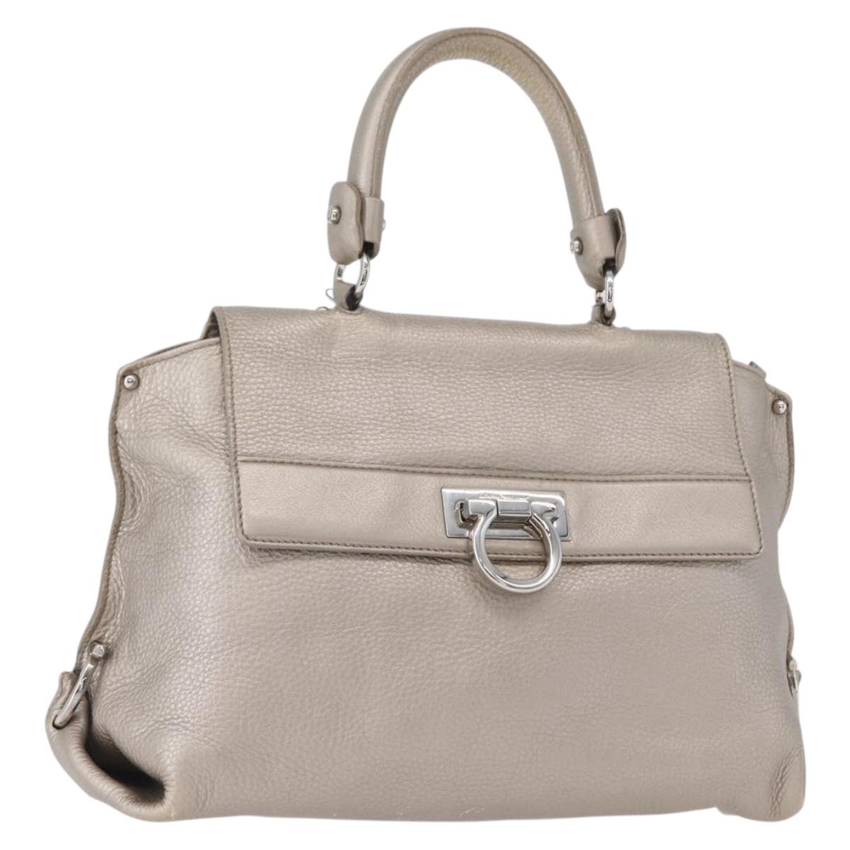 Salvatore Ferragamo Gancini Sofia Hand Bag Leather Beige Silver Auth 166994A