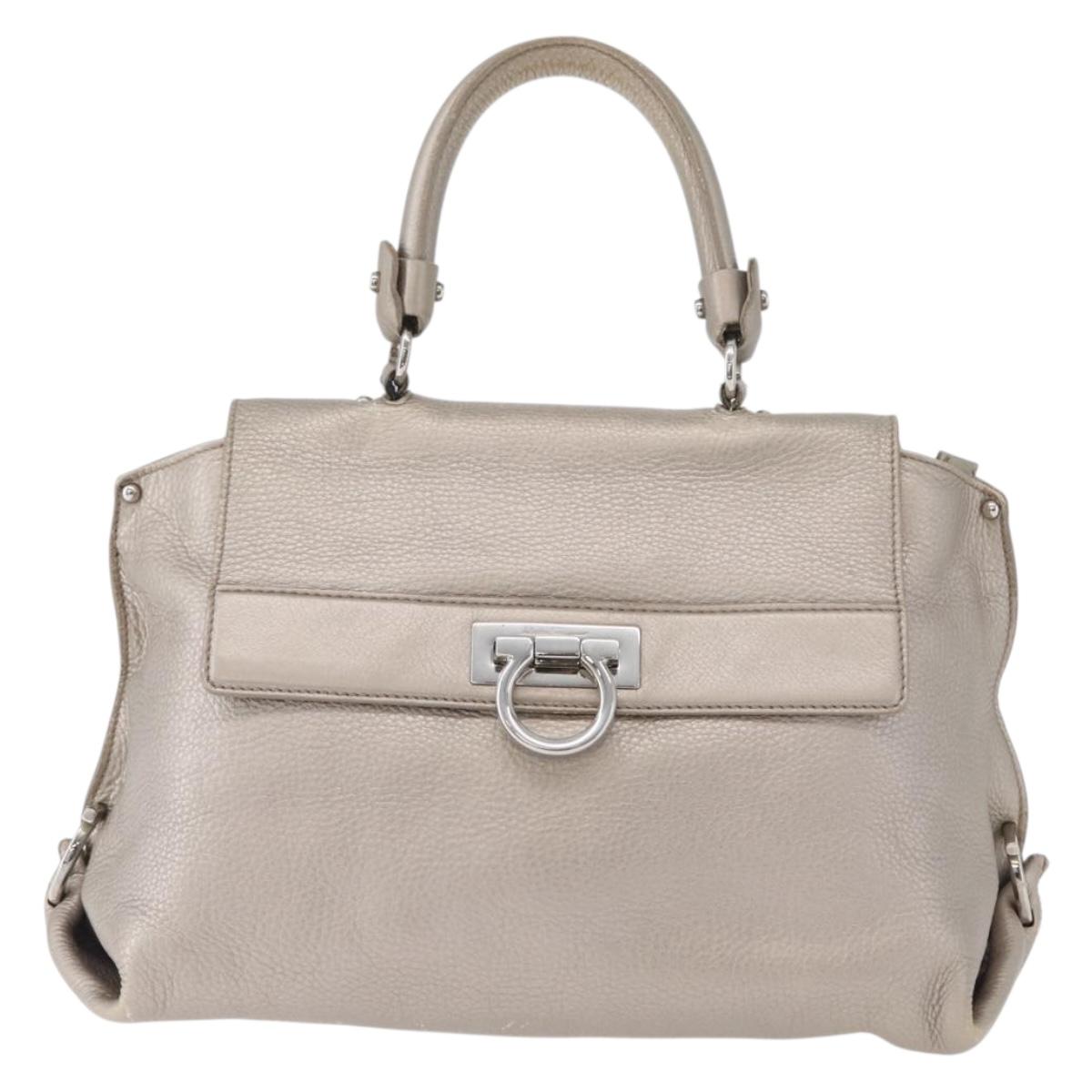 Salvatore Ferragamo Gancini Sofia Hand Bag Leather Beige Silver Auth 166994A