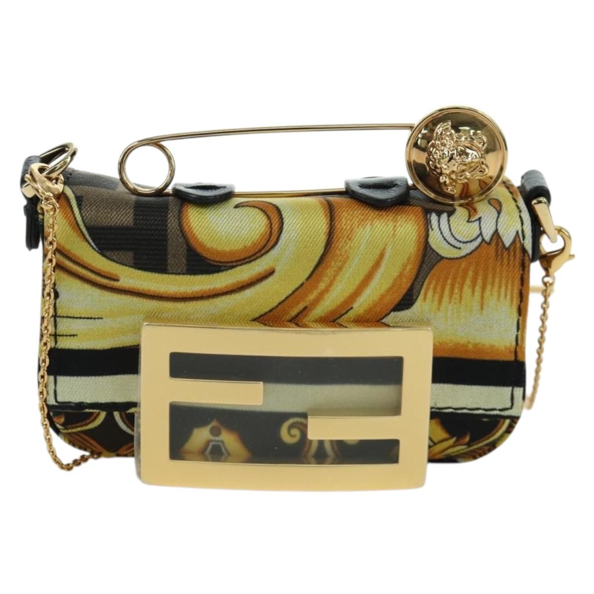 FENDI テ VERSACE FENDACE Mamma Baguette Pouch Nylon Black Gold Tone Auth 166998SM