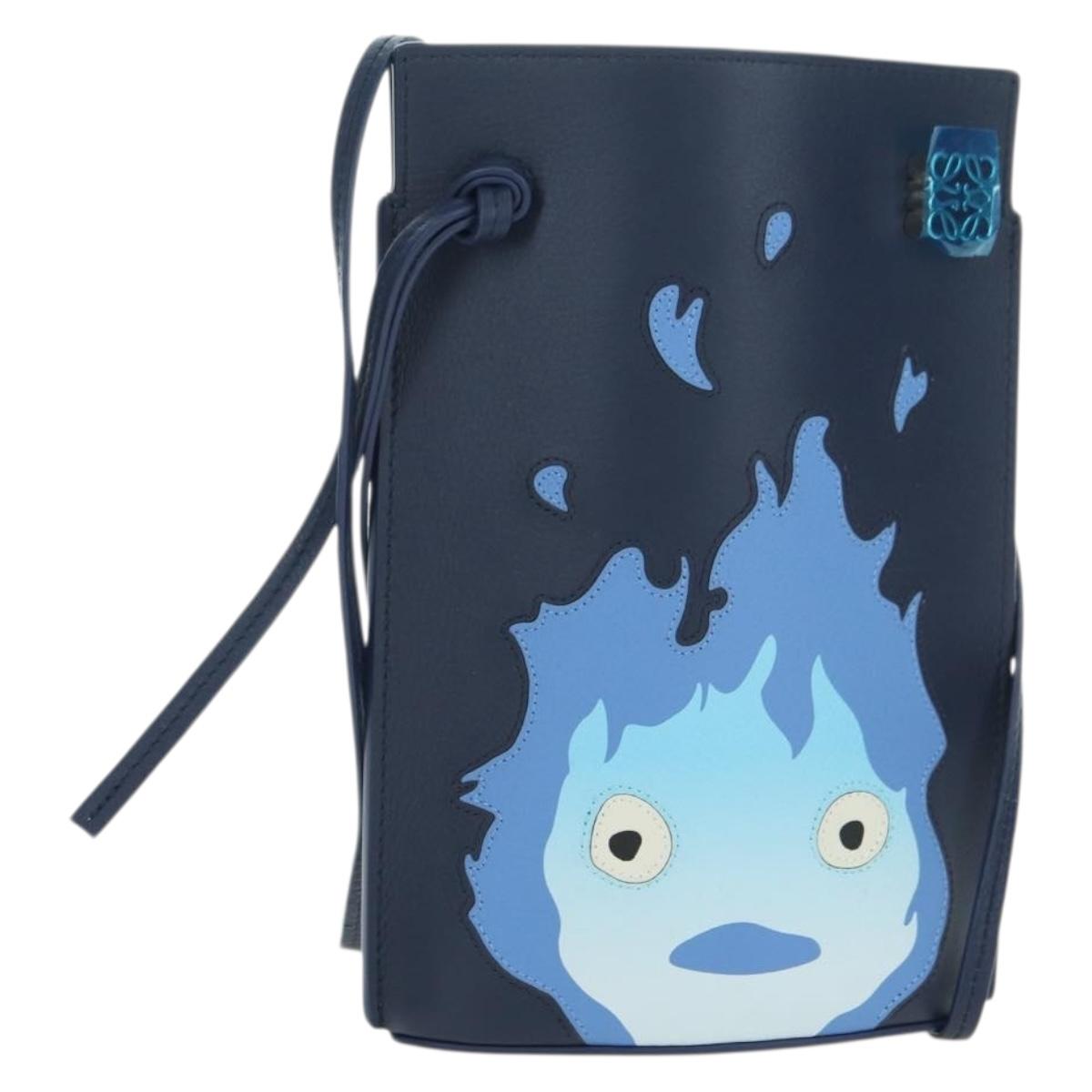 LOEWE × Ghibli Howl's Pebble Dice Pocket Calcifer Bag Leather Navy Auth 167246SM