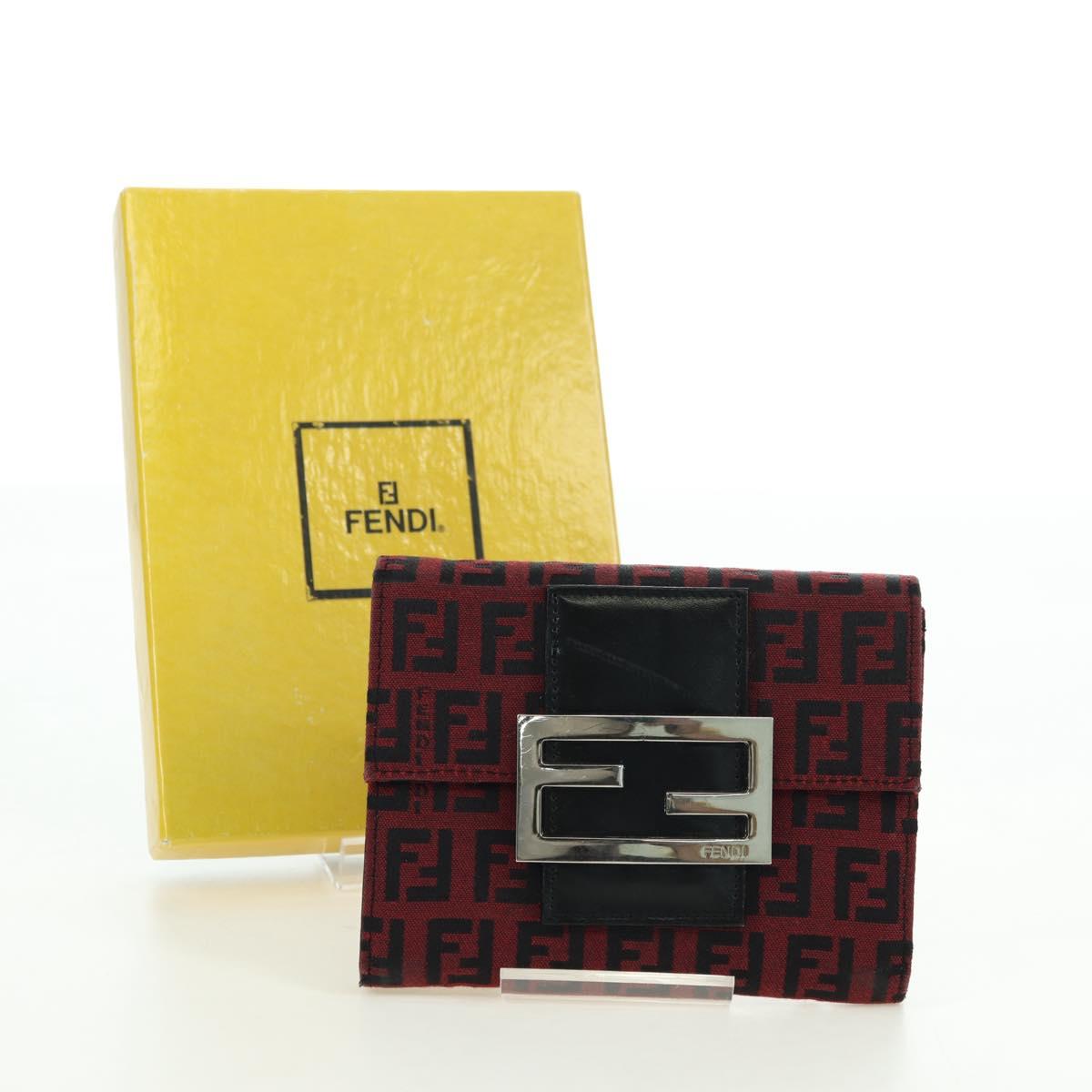 FENDI Zucchino Canvas Bifold Wallet Red Silver Auth 167310A