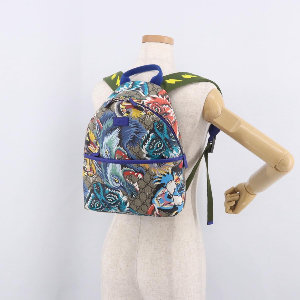 GUCCI GG Supreme Animal Print Backpack PVC Beige Silver 271327 Auth 167427SM