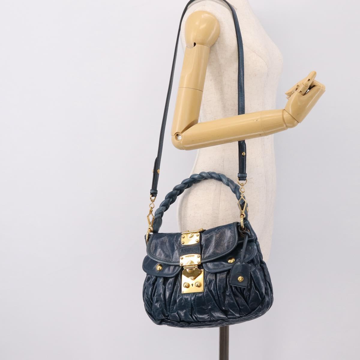 Miu Miu Matelasse Hobo Hand Bag Leather Blue Gold Tone Auth 167573V