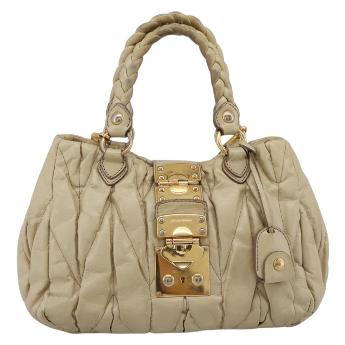 Miu Miu Hand Bag Leather 2way Beige Gold Tone Auth 167578A