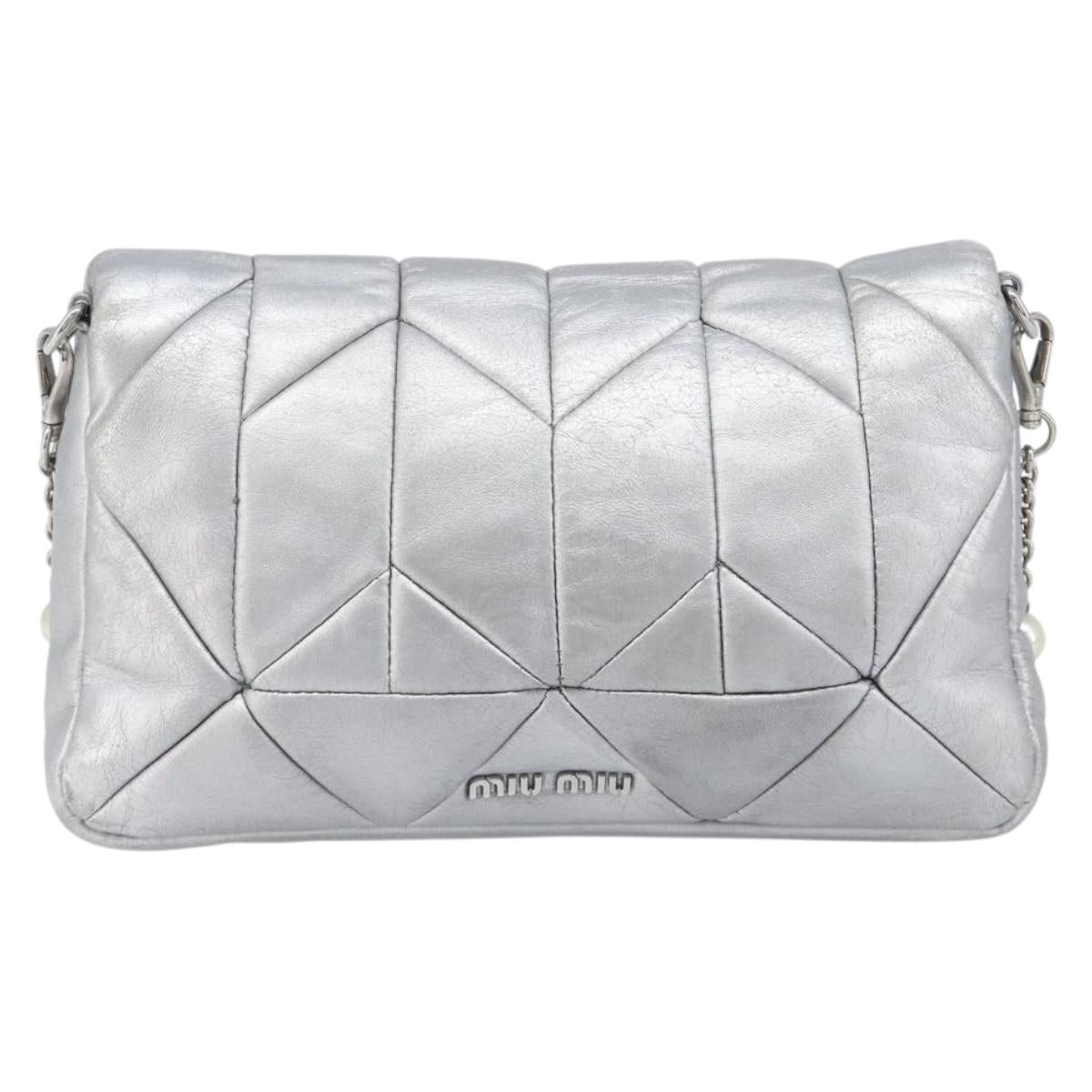 Miu Miu Shoulder Bag Leather Silver Auth 167579A