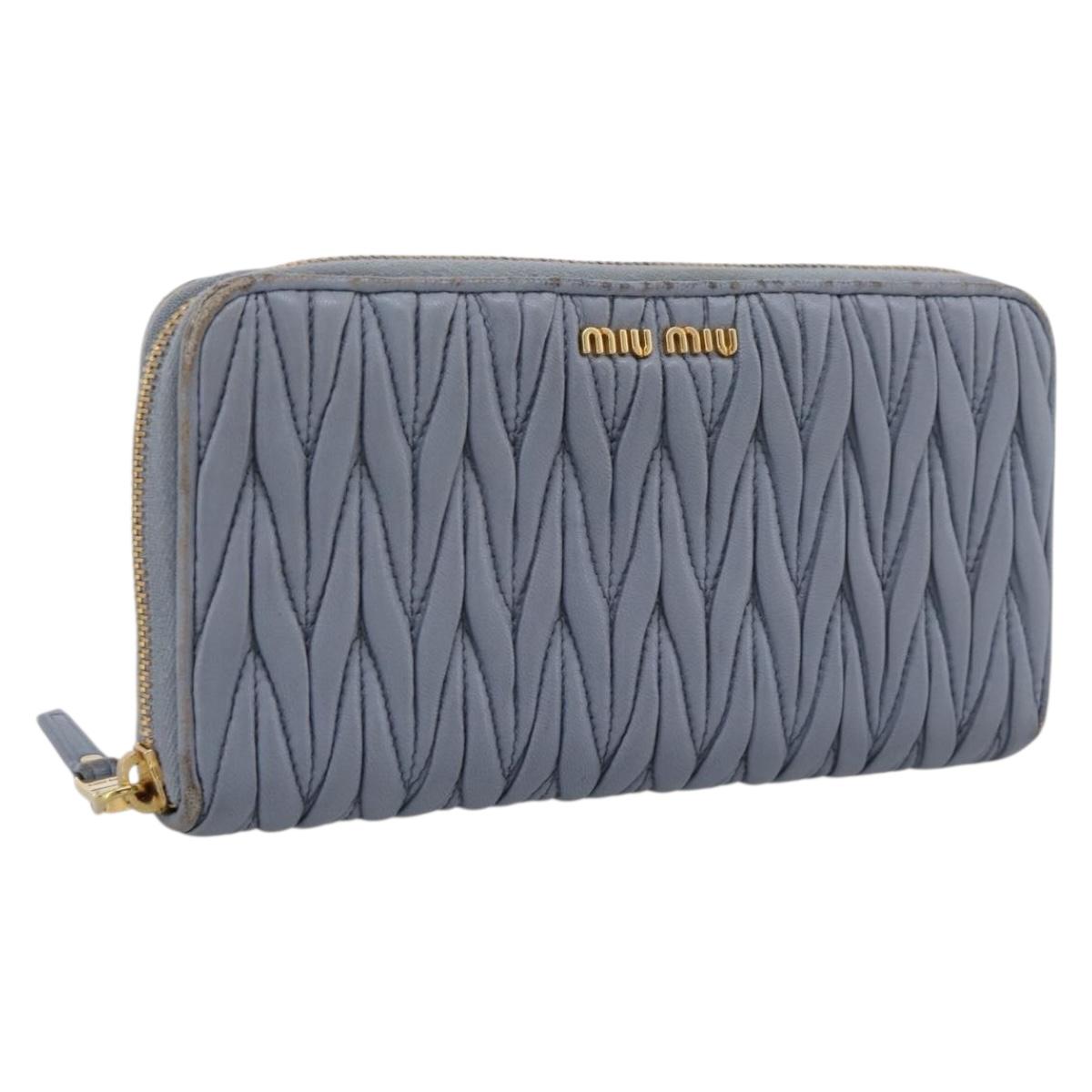 Miu Miu Matelasse Long Wallet Leather Light Blue Gold Tone Auth 167582A