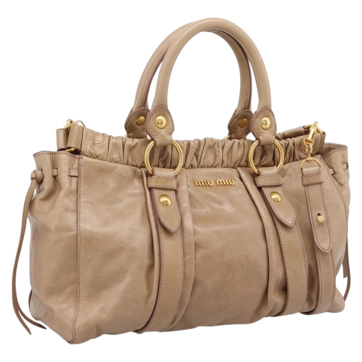 Miu Miu Hand Bag Leather 2way Beige Gold Tone Auth 167588M