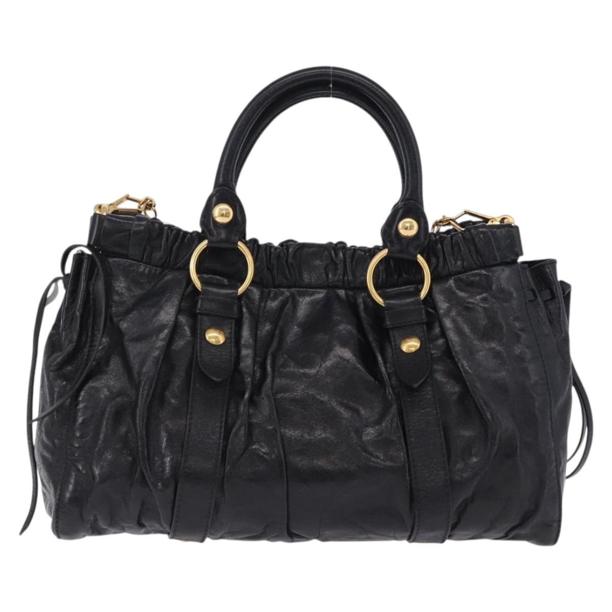 Miu Miu Hand Bag Leather 2way Black Gold Tone Auth 167594SAM