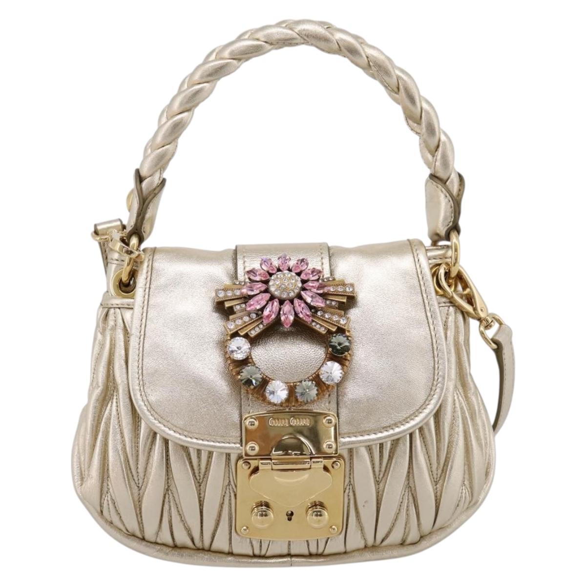 Miu Miu Matelasse Hand Bag Leather 2way Champagne Gold Gold Tone Auth 167599SAM