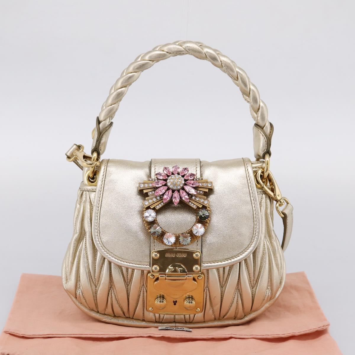 Miu Miu Matelasse Hand Bag Leather 2way Champagne Gold Gold Tone Auth 167599SAM