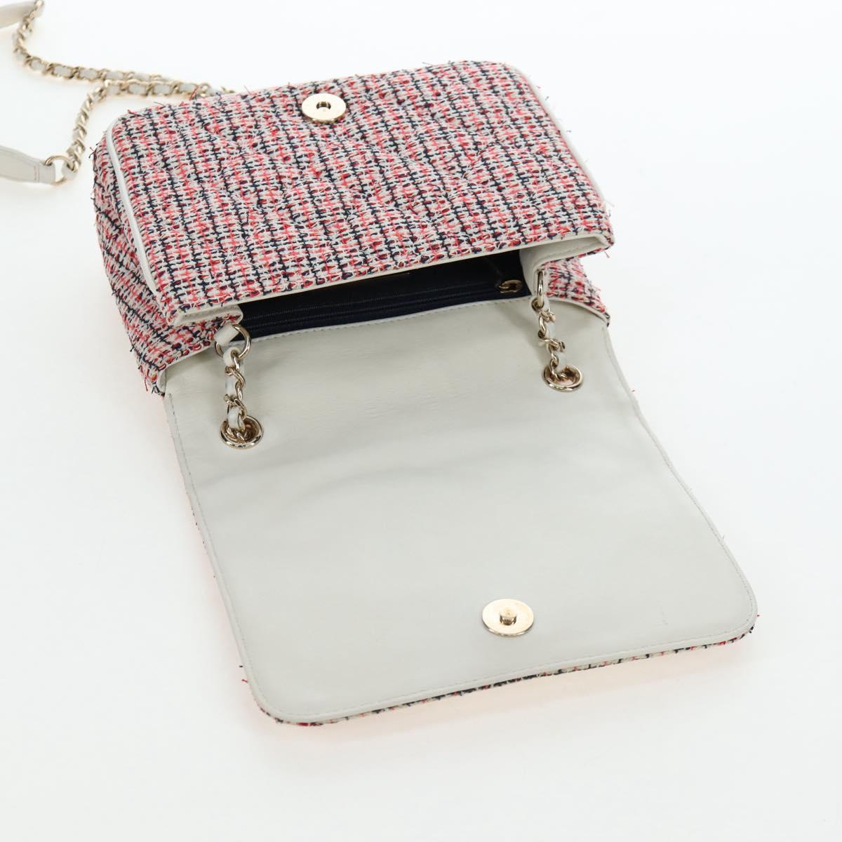 CHANEL Flap Pouch Chain Shoulder Bag Tweed Red Gold Tone CC Auth 167617SM