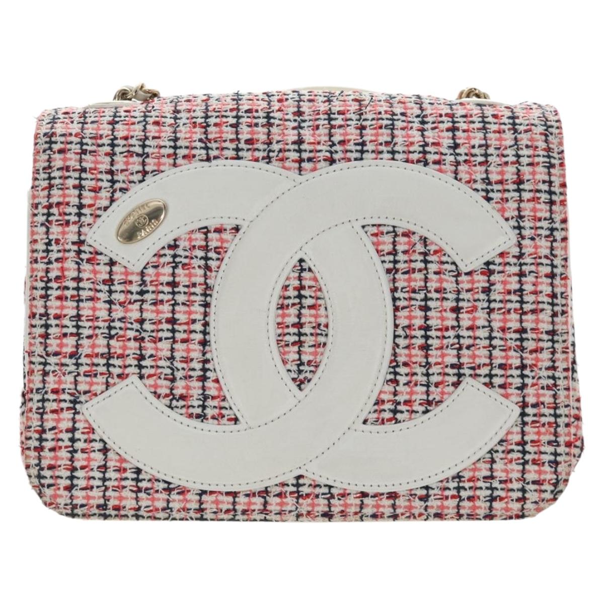 CHANEL Flap Pouch Chain Shoulder Bag Tweed Red Gold Tone CC Auth 167617SM