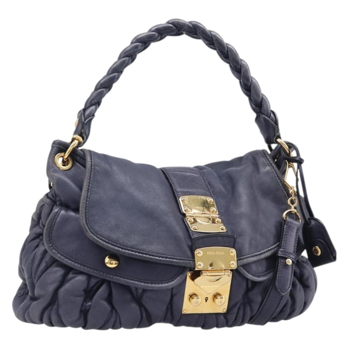 Miu Miu Matelasse Hand Bag Leather 2way Navy Gold Tone Auth 167624V