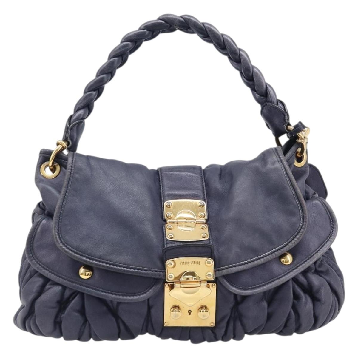 Miu Miu Matelasse Hand Bag Leather 2way Navy Gold Tone Auth 167624V