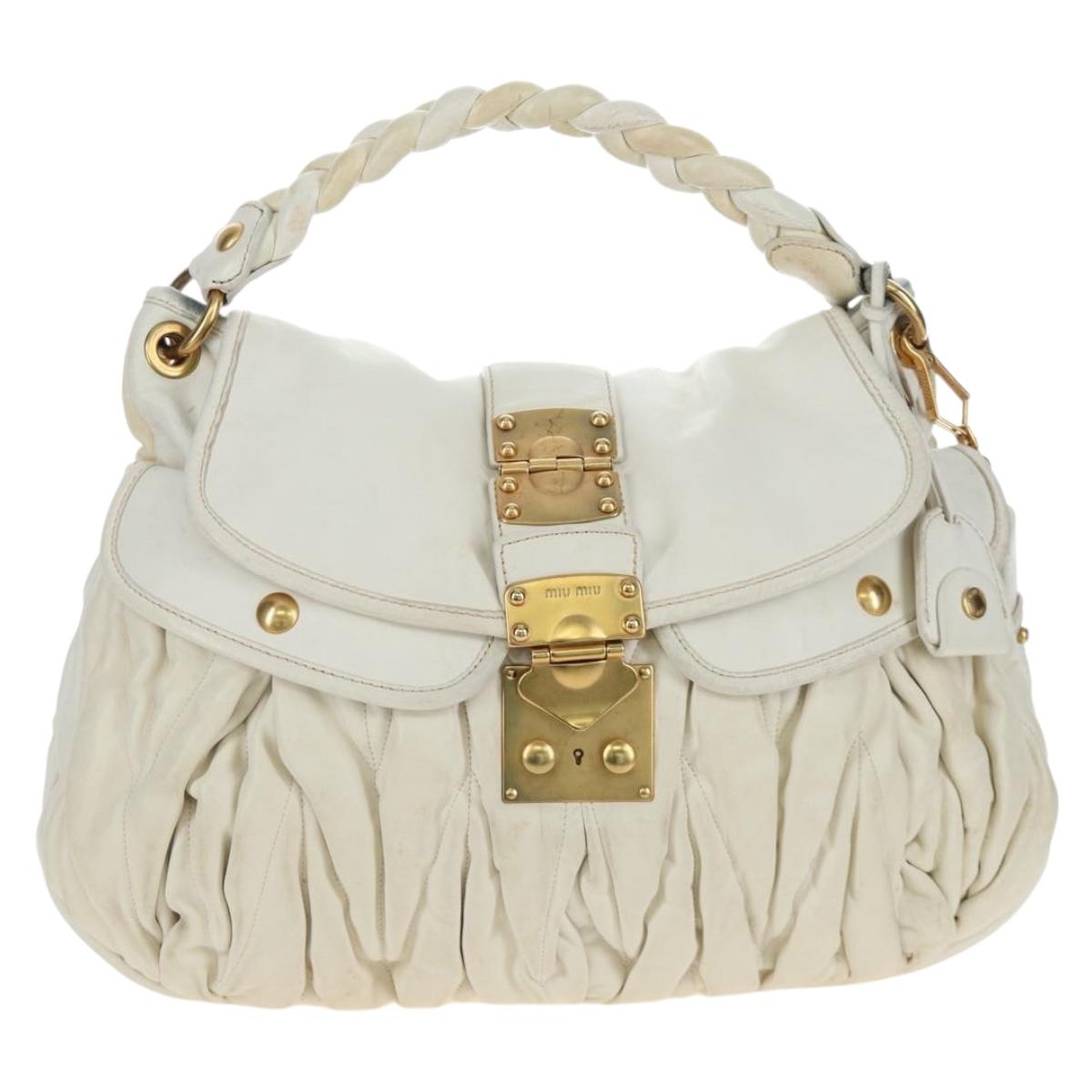 Miu Miu Matelasse Hand Bag Leather 2way White Gold Tone Auth 167629V