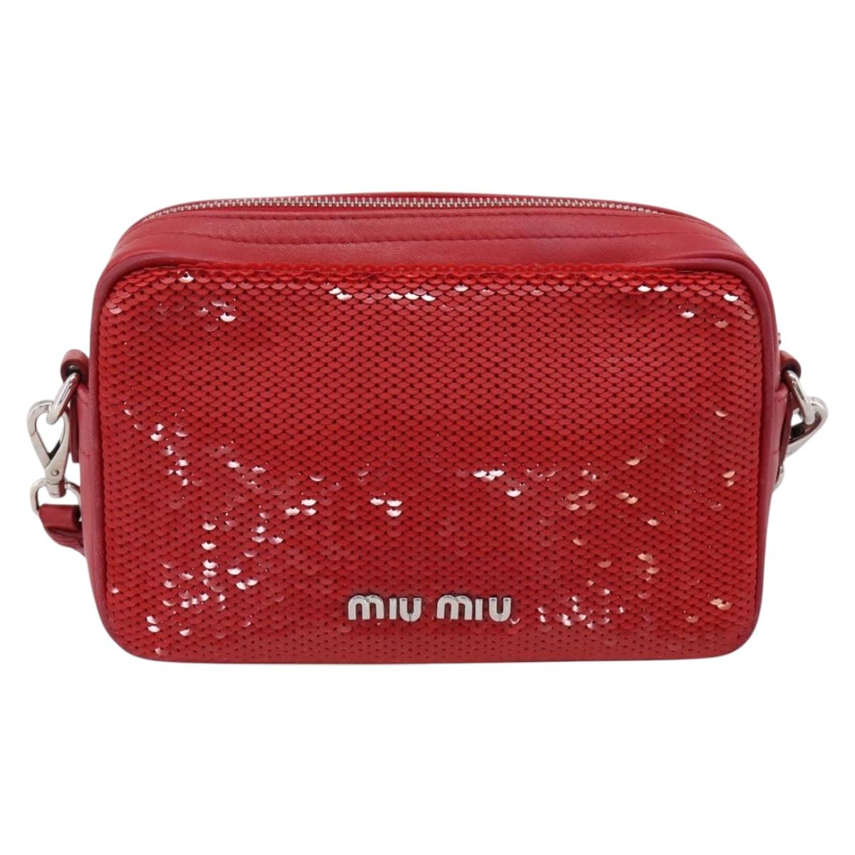 Miu Miu Shoulder Bag Leather Sequins Red Silver Auth 167643A